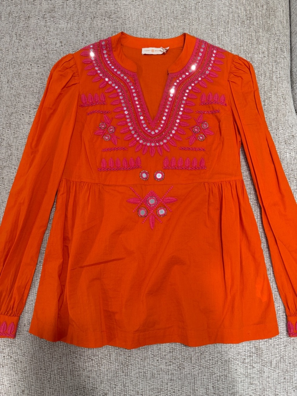 Tory Burch Orange Long-Sleeve Embroidered V-Neck Tunic with Pink Accents